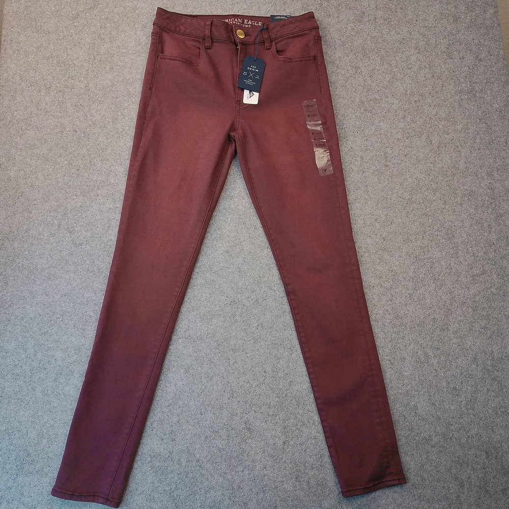 American Eagle Hi-Rise Jegging Burgundy Maroon Coated Denim X Stretch Size 6